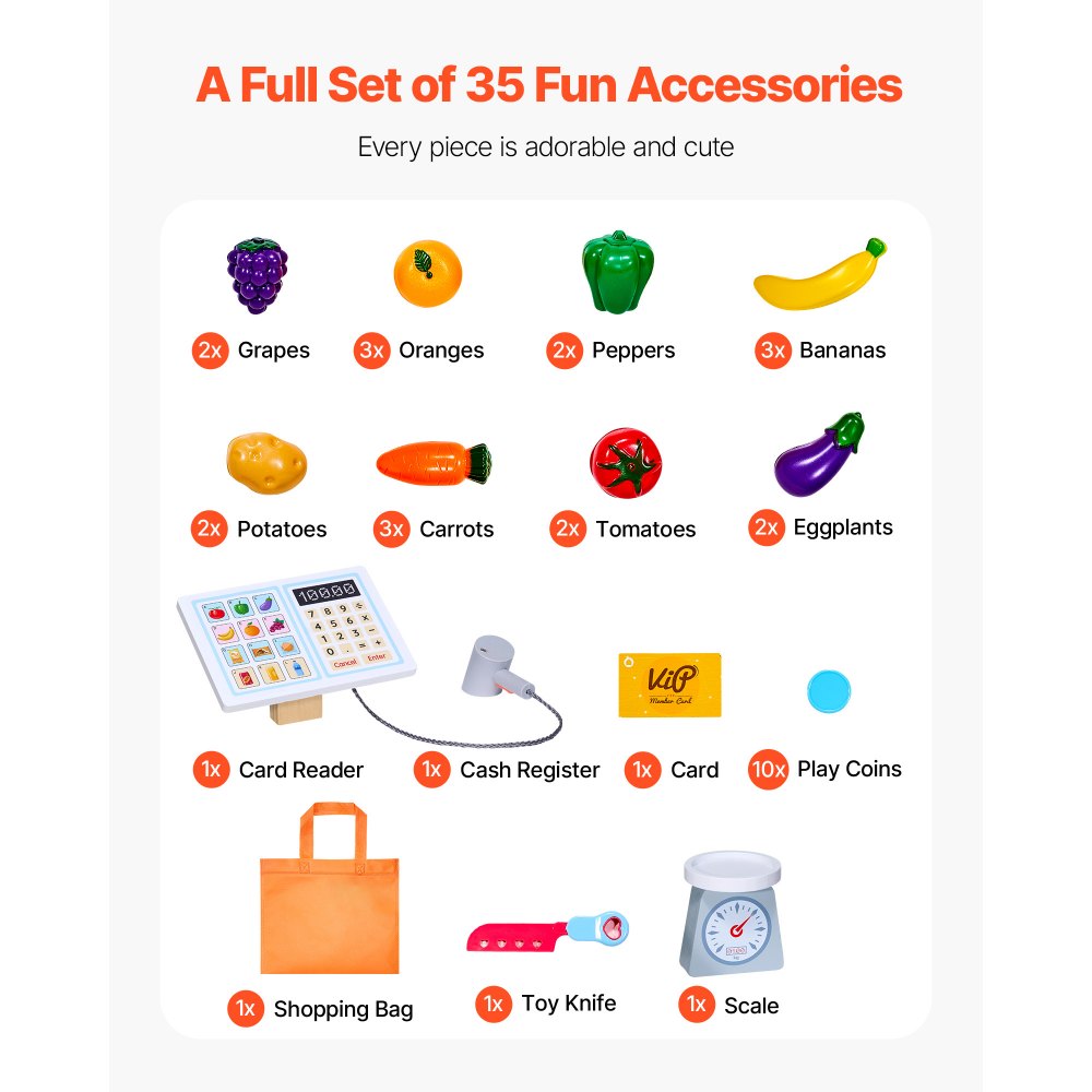 VEVOR Kids Grocery Store Playset, Wooden Play Store with Shopping Bag, Kids Supermarket Pretend Play Toy Set with Conveyor Belt, Scanner, Cash Register, Realistic Scale, Gift for Boys & Girls