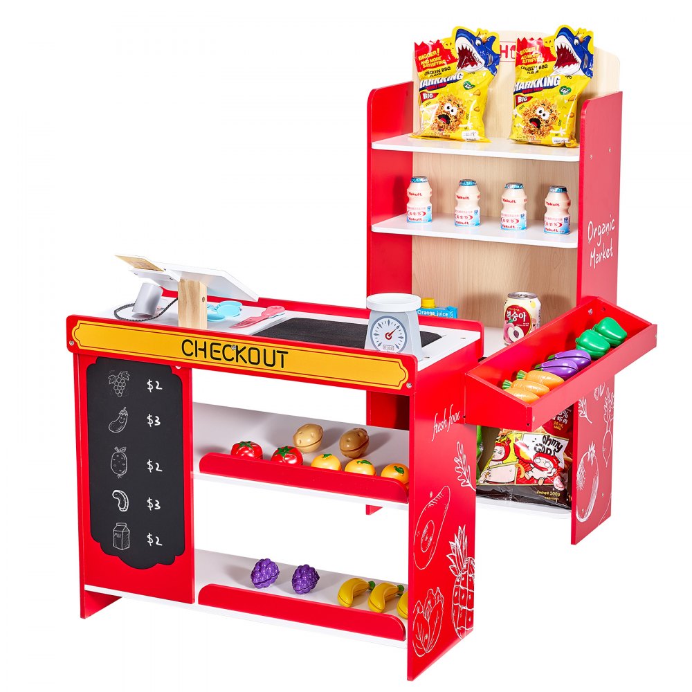 VEVOR Kids Grocery Store Playset, Wooden Play Store with Shopping Bag, Kids Supermarket Pretend Play Toy Set with Conveyor Belt, Scanner, Cash Register, Realistic Scale, Gift for Boys & Girls