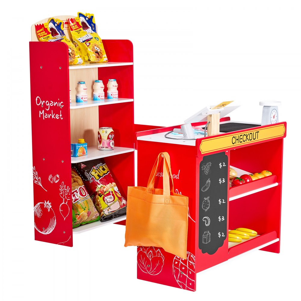 VEVOR Kids Grocery Store Playset, Wooden Play Store with Shopping Bag, Kids Supermarket Pretend Play Toy Set with Conveyor Belt, Scanner, Cash Register, Realistic Scale, Gift for Boys & Girls