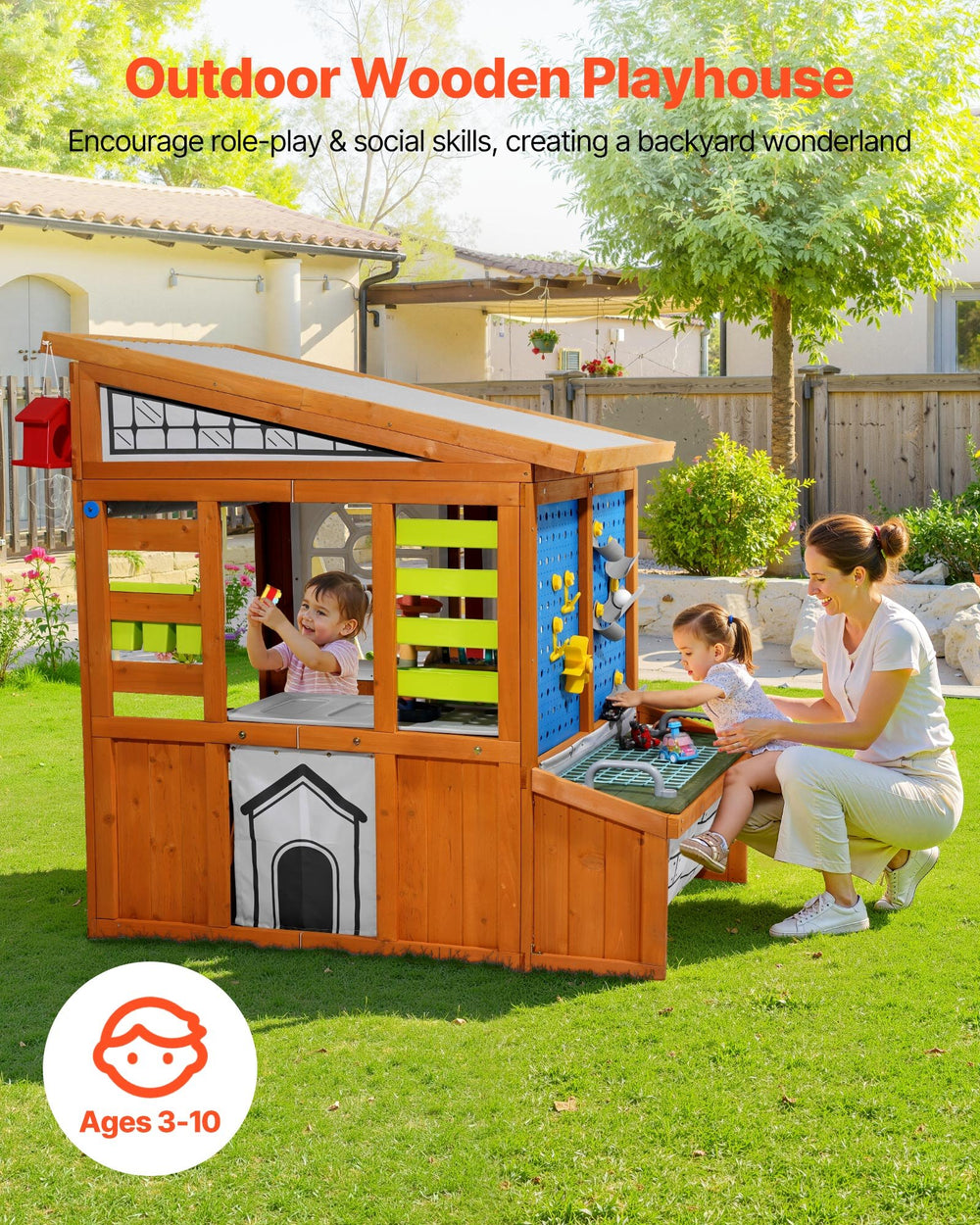 Outdoor wooden playhouse lifestyle image (Ages 3-10)