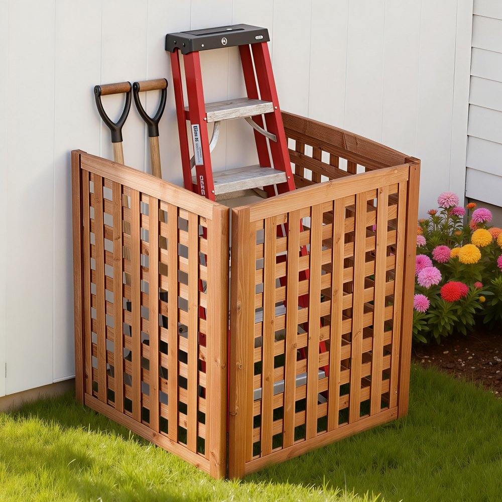 VEVOR Wooden Privacy Fence, 32 x 38 inch Air Conditioner Fence, 3 Panel Solid Outdoor Wood Privacy Screen with Adjustable Angle, Hinge-Reinforced Structure, Trash Can Hider Fences for Garden