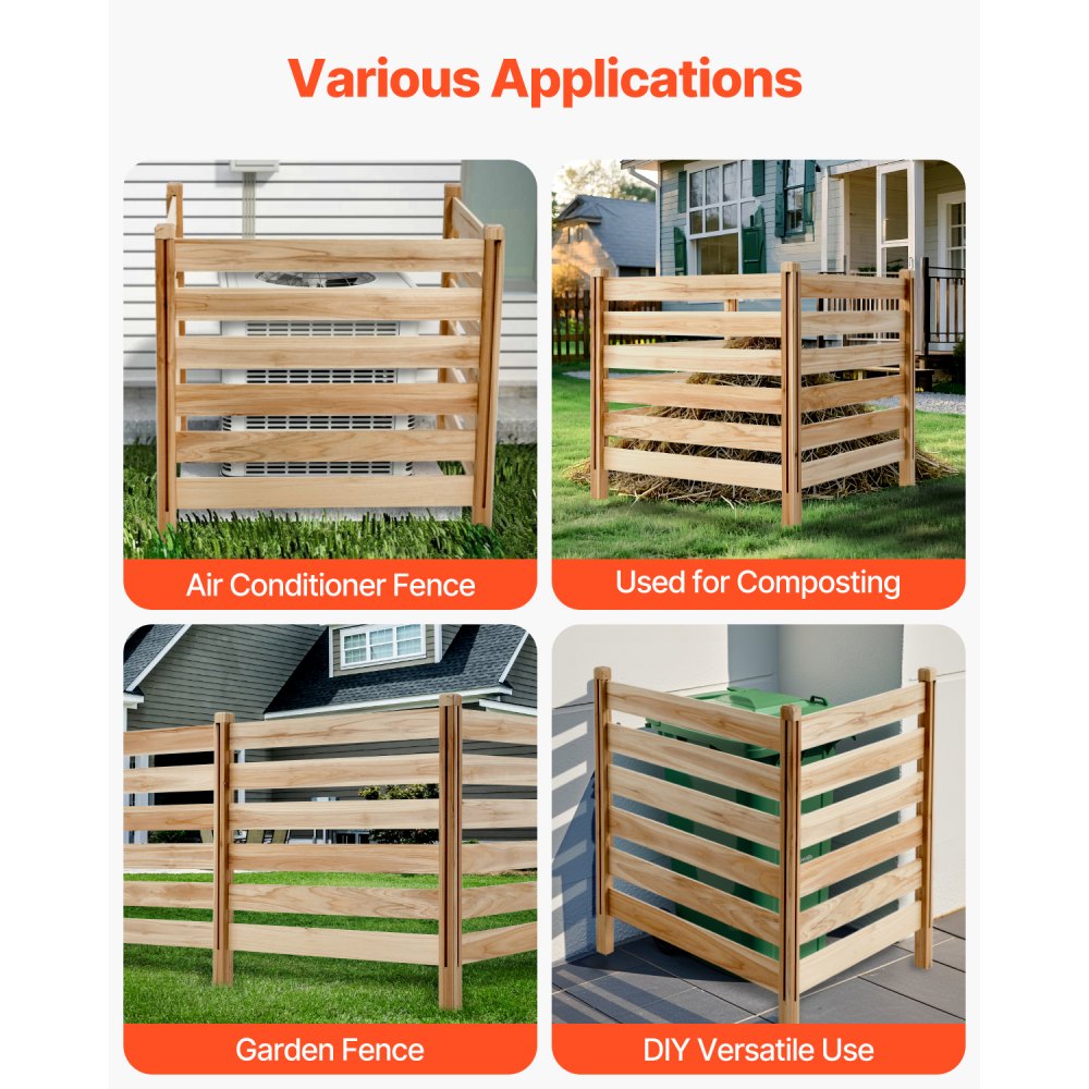 VEVOR Wood Privacy Fence, 38" W x 36" L, 3 Panel Slatted Air Conditioner Fence Screen, Pool Equipment Enclosure with Metal Stakes, Easy DIY Installation, Outdoor Trash Can Hider for Garden Decoration