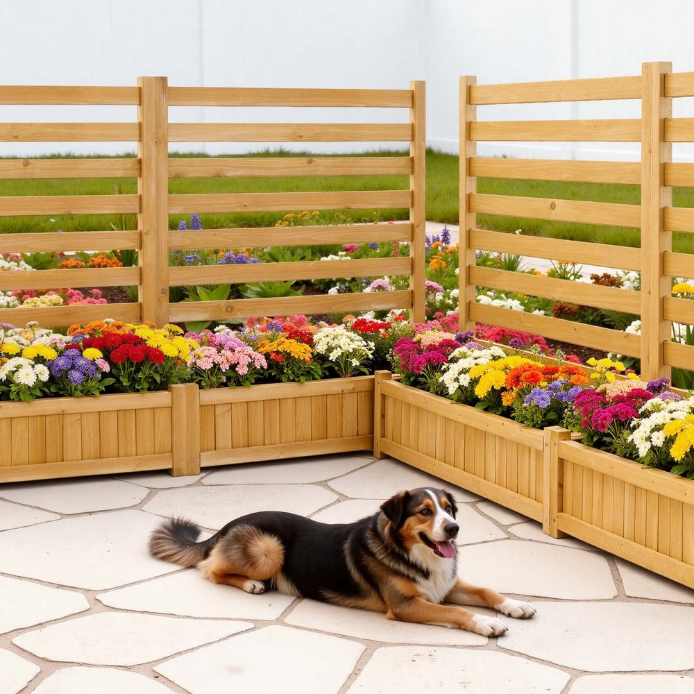 VEVOR Wooden Privacy Fence, 36 x 45 inch Air Conditioner Fence, 2 Slatted Panel Solid Outdoor Wood Privacy Screen with 2 Planters, Metal Stakes, Trash Can Hider Fences Suitable for Garden, Pool
