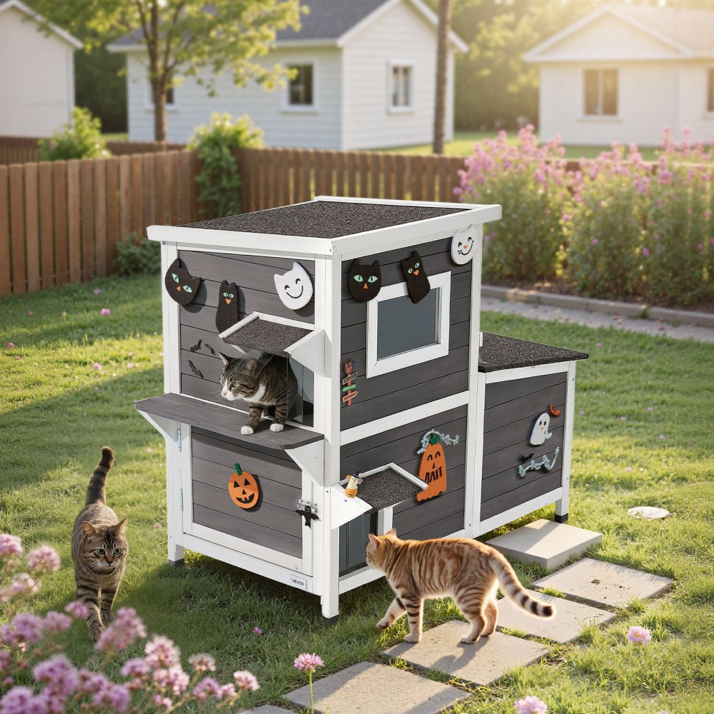 VEVOR Outdoor Cat House, 2-Story Wooden Cat Shelter for 3 Outside Cats in Winter, Elevated Feral Kitty Shelter with Stairs, Clear Window & Flap Doors, Waterproof Cats Condos for Garden 42 × 25 × 34 in