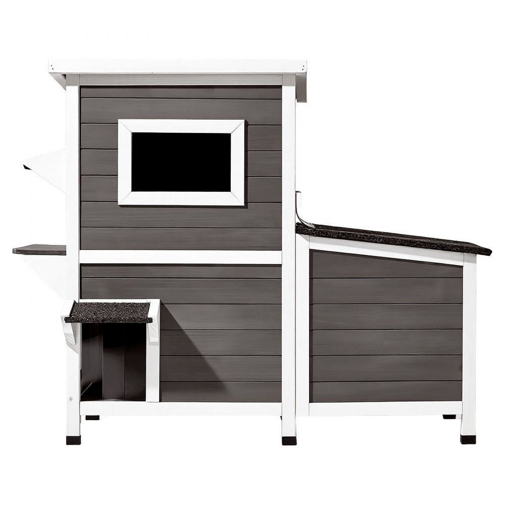 VEVOR Outdoor Cat House, 2-Story Wooden Cat Shelter for 3 Outside Cats in Winter, Elevated Feral Kitty Shelter with Stairs, Clear Window & Flap Doors, Waterproof Cats Condos for Garden 42 × 25 × 34 in