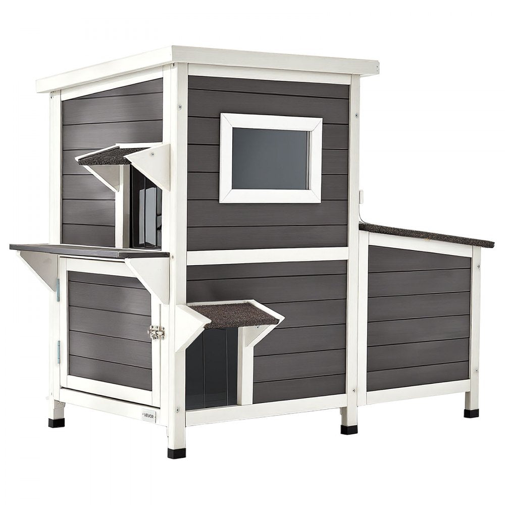 VEVOR Outdoor Cat House, 2-Story Wooden Cat Shelter for 3 Outside Cats in Winter, Elevated Feral Kitty Shelter with Stairs, Clear Window & Flap Doors, Waterproof Cats Condos for Garden 42 × 25 × 34 in