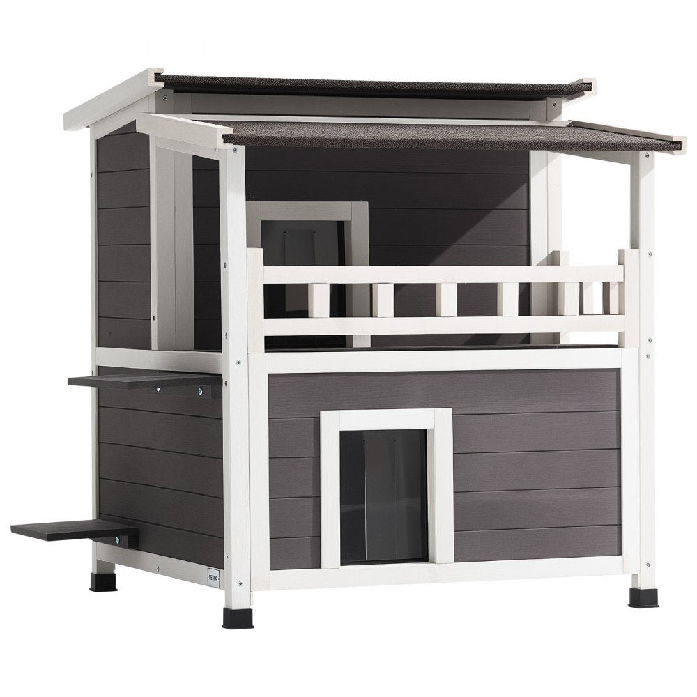 VEVOR Insulated Cat House, 2-Story Wooden Cat Shelter, Foam Insulation, Feral Kitty Shelter with Balcony, Waterproof Cats Condos for Indoor & Outdoor 1-3 Cats in Winter 33 x 29.5 x 32 in