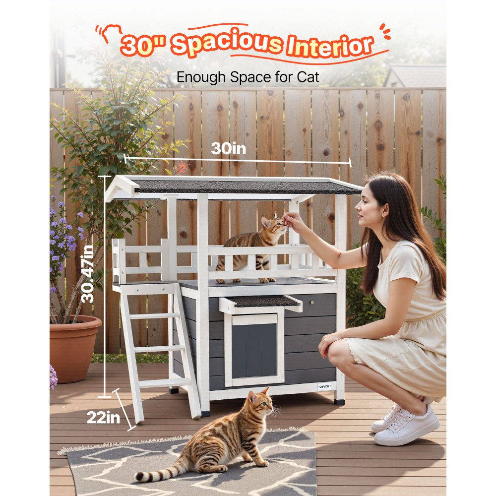 VEVOR Outdoor Cat House, 2-Story Wooden Cat Shelter with Stairs & Balcony, Elevated Feral Kitty Shelter, Spacious Room, Waterproof Cats Condos for Indoor & Outdoor Cats in Winter 30 x 22 x 30 in