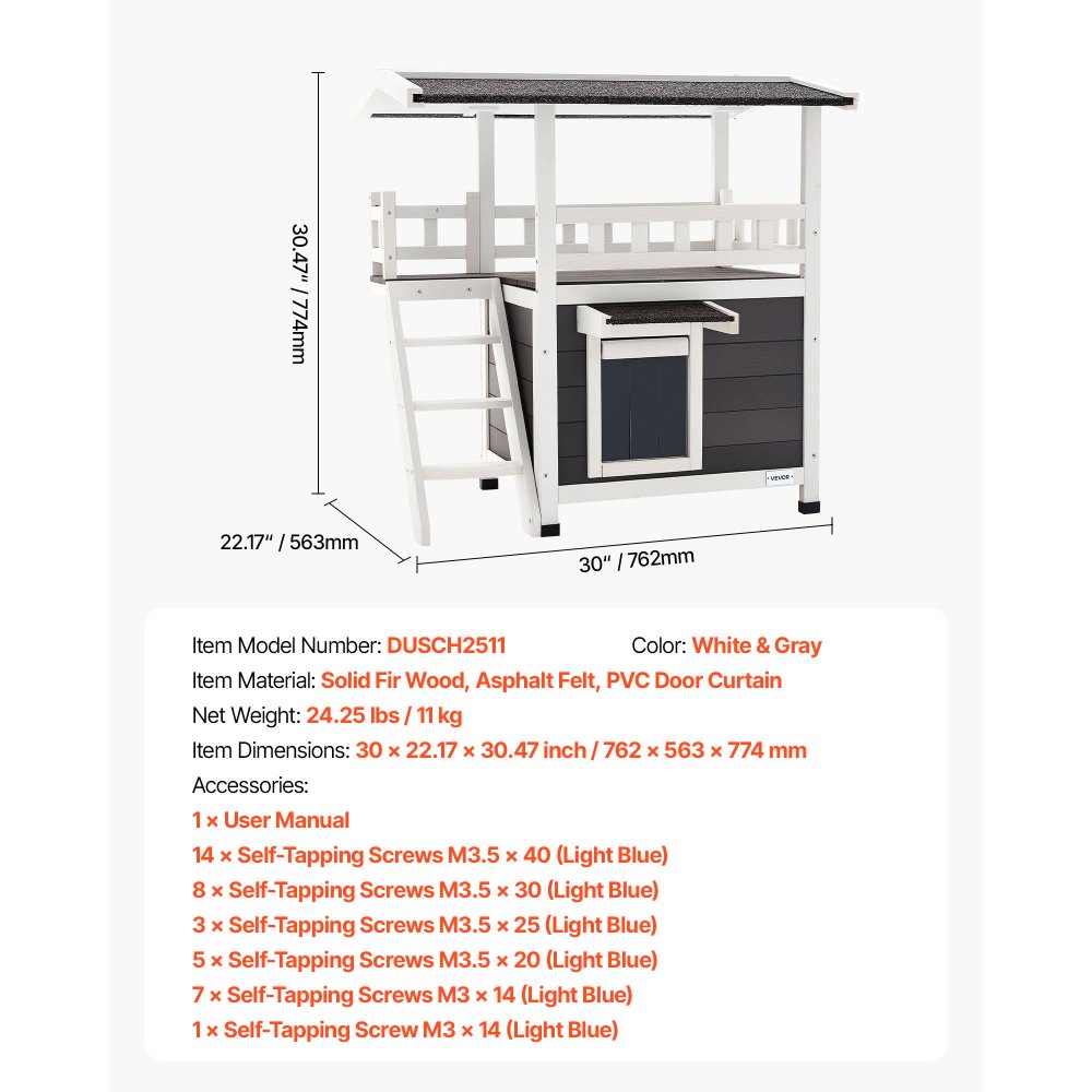 VEVOR Outdoor Cat House, 2-Story Wooden Cat Shelter with Stairs & Balcony, Elevated Feral Kitty Shelter, Spacious Room, Waterproof Cats Condos for Indoor & Outdoor Cats in Winter 30 x 22 x 30 in