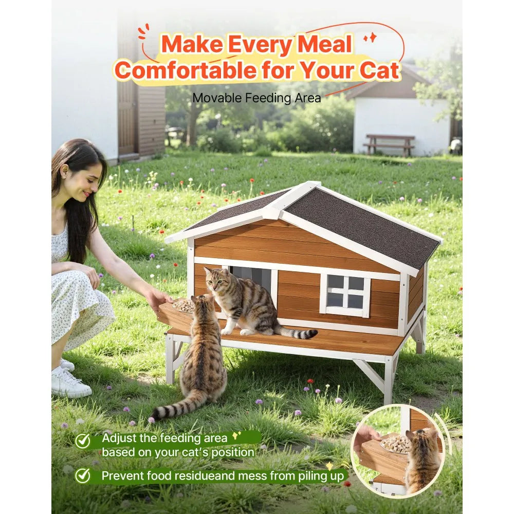 VEVOR Insulated Cat House, All-Around Foam Insulation Elevated Cat Shelter, Wooden Feral Kitty Shelter with Large Platform, Waterproof Cats Condos for Indoor & Outdoor Cats in Winter 43.5x33.5x31 in