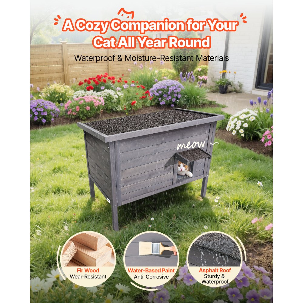 VEVOR Heated Cat House, Insulated Wooden Cat House for Outdoor Cats, Waterproof Feral Kitty Shelter with Heating Pad, PVC Flap Door & Openable Asphalt Roof for 1-3 Cats in Winter, 34 x 21 x 27 in