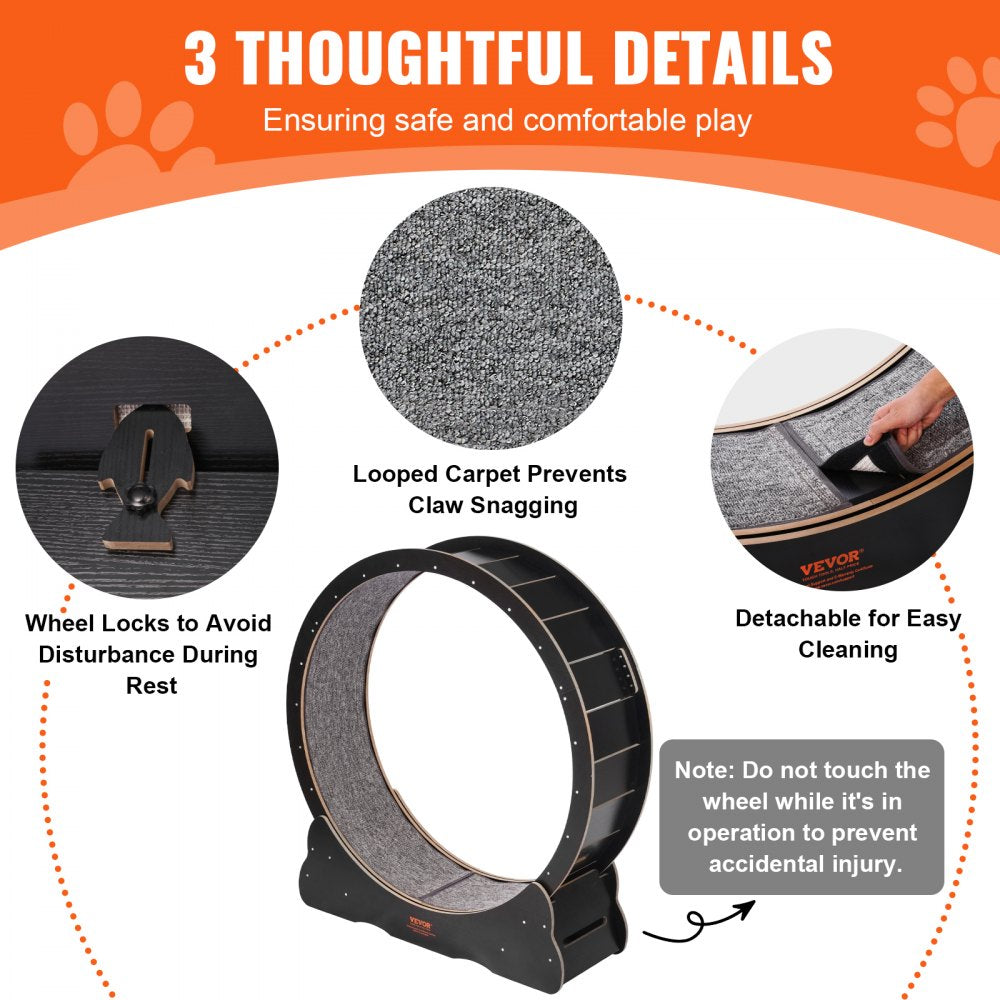 VEVOR Wooden Cat Exercise Wheel, 43.3" Large Cat Treadmill Wheel for Indoor Cats, Cat Running Wheel with Detachable Carpet & Cat Teaser for Running/Walking/Training, Suitable for Most Cats Black