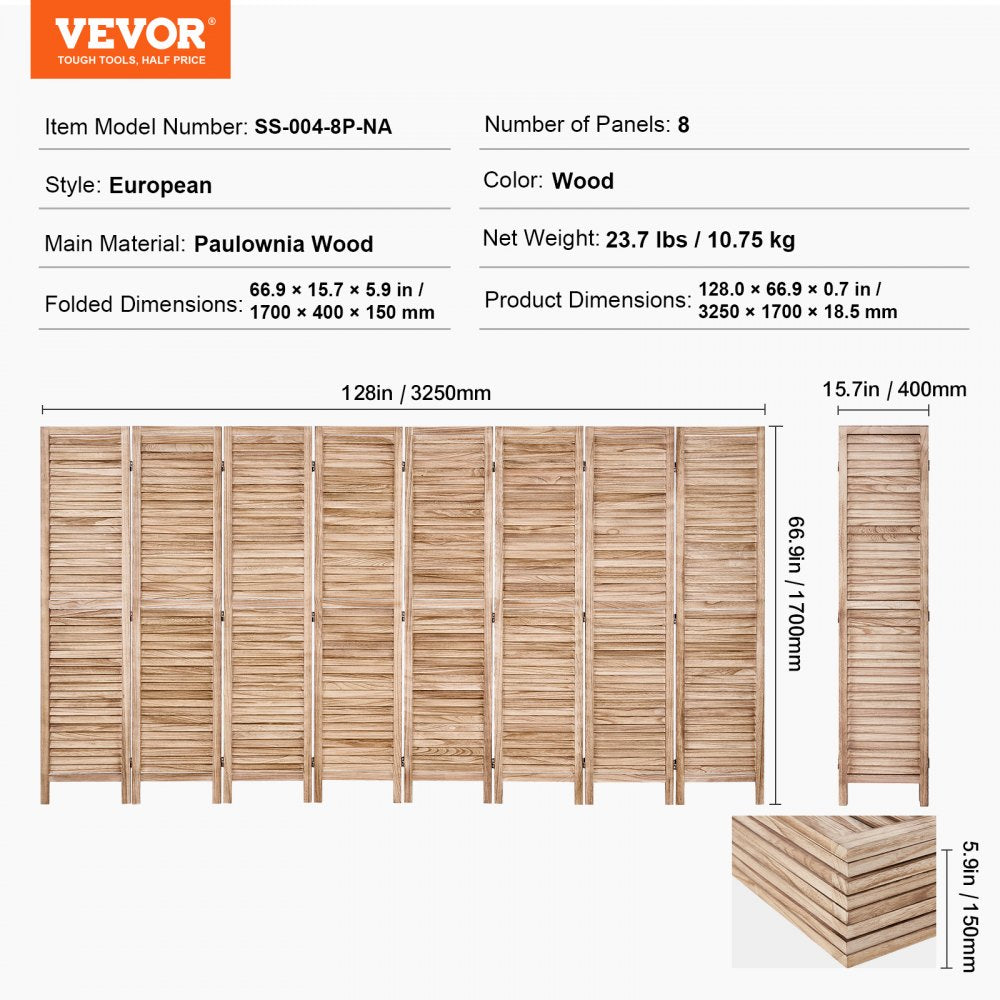 VEVOR Wood Room Divider, 8 Panel Wood Folding Privacy Screen, 66.9 Inches Tall Indoor Louvered Partition Divider, Portable Decoration Screen, for Room Separation, Home, Office, Restaurant & Bedroom