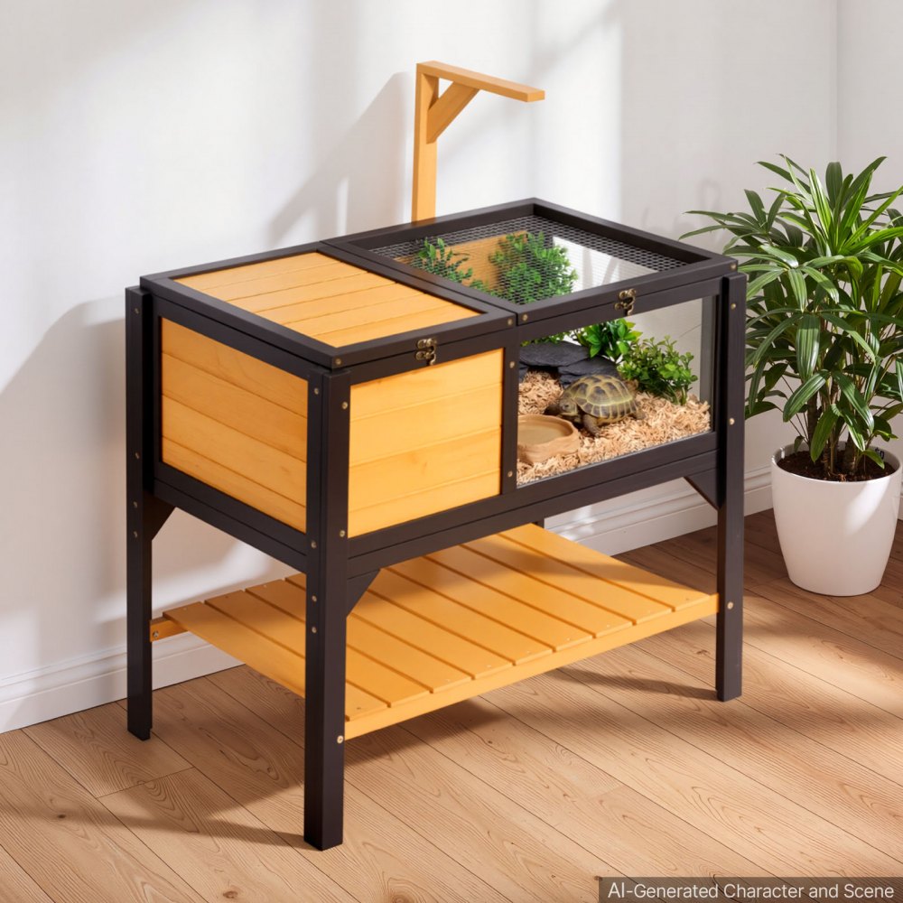 VEVOR Tortoise Habitat 2-Room Wooden Tortoise House with Storage Shelf, for Small Animals Indoor Outdoor, Lamp Stand, Large Turtle Enclosure Reptile Cage with Openable Roof, Acrylic Viewing Window