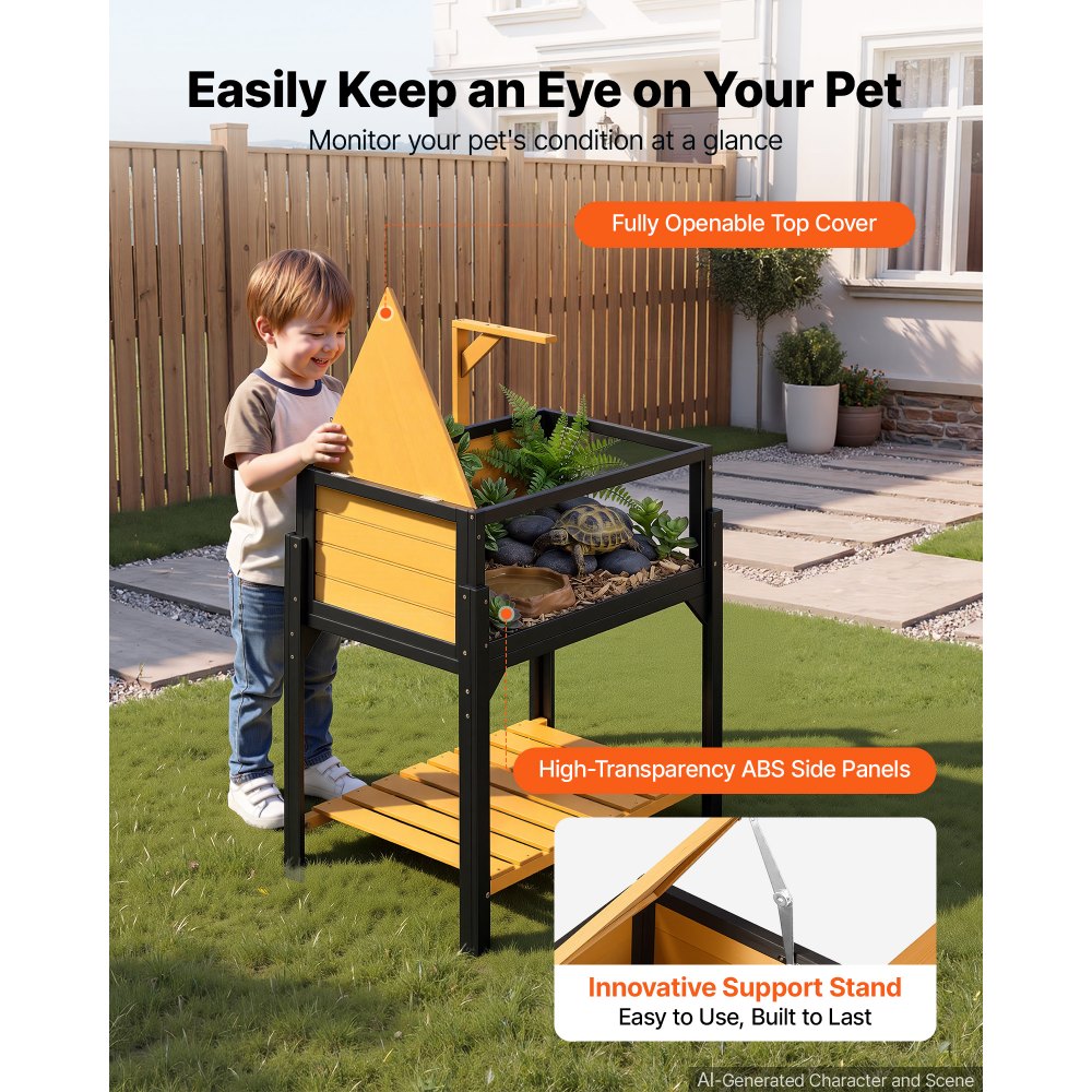 VEVOR Tortoise Habitat 2-Room Wooden Tortoise House Built-in Lamp Stand, for Small Animals Indoor Outdoor, Storage Shelf, Large Turtle Enclosure Reptile Cage with Openable Roof & Viewing Window