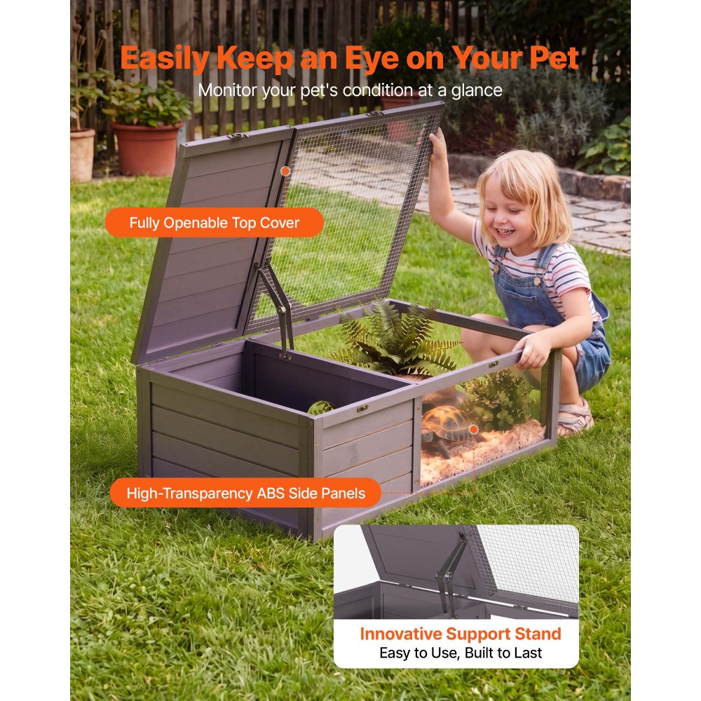VEVOR Tortoise Habitat 2-Room Wooden Tortoise House with Pull-Out Tray, for Small Animals Indoor Outdoor, Lamp Stand, Large Turtle Enclosure Reptile Cage with Openable Roof, Acrylic Viewing Window