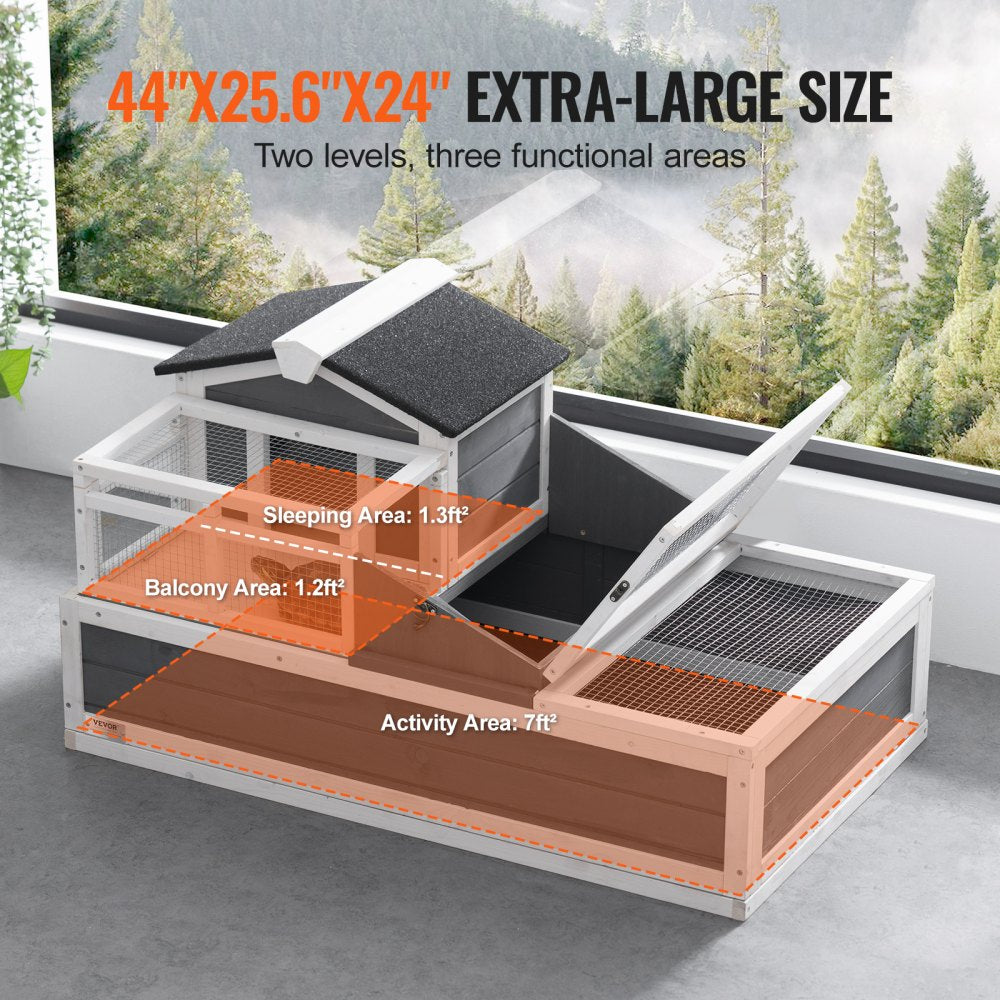 VEVOR 3-Room Tortoise House,Tortoise Habitat with Balcony & 2 Stories, Wooden Tortoise Enclosure Indoor & Outdoor with Ramp, Tray, Openable Roof, Large Reptile Cage, 44" x 25.6"x 24"