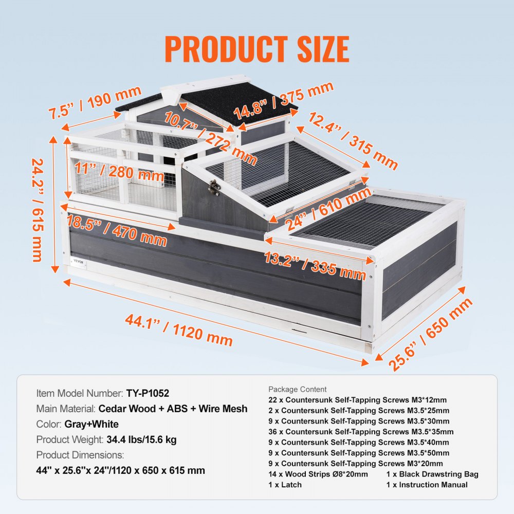 VEVOR 3-Room Tortoise House,Tortoise Habitat with Balcony & 2 Stories, Wooden Tortoise Enclosure Indoor & Outdoor with Ramp, Tray, Openable Roof, Large Reptile Cage, 44" x 25.6"x 24"
