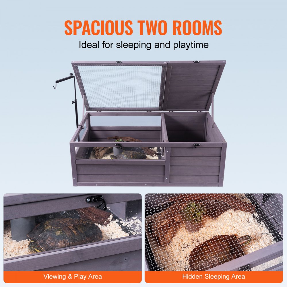 VEVOR Tortoise Habitat, Wooden Tortoise House Indoor & Outdoor, Tortoise Enclosure with Adjustable Lamp Holder, 2-Room Reptile Enclosure Small Animal Cage for Gecko, Lizard, Snake 38x24x13 inch