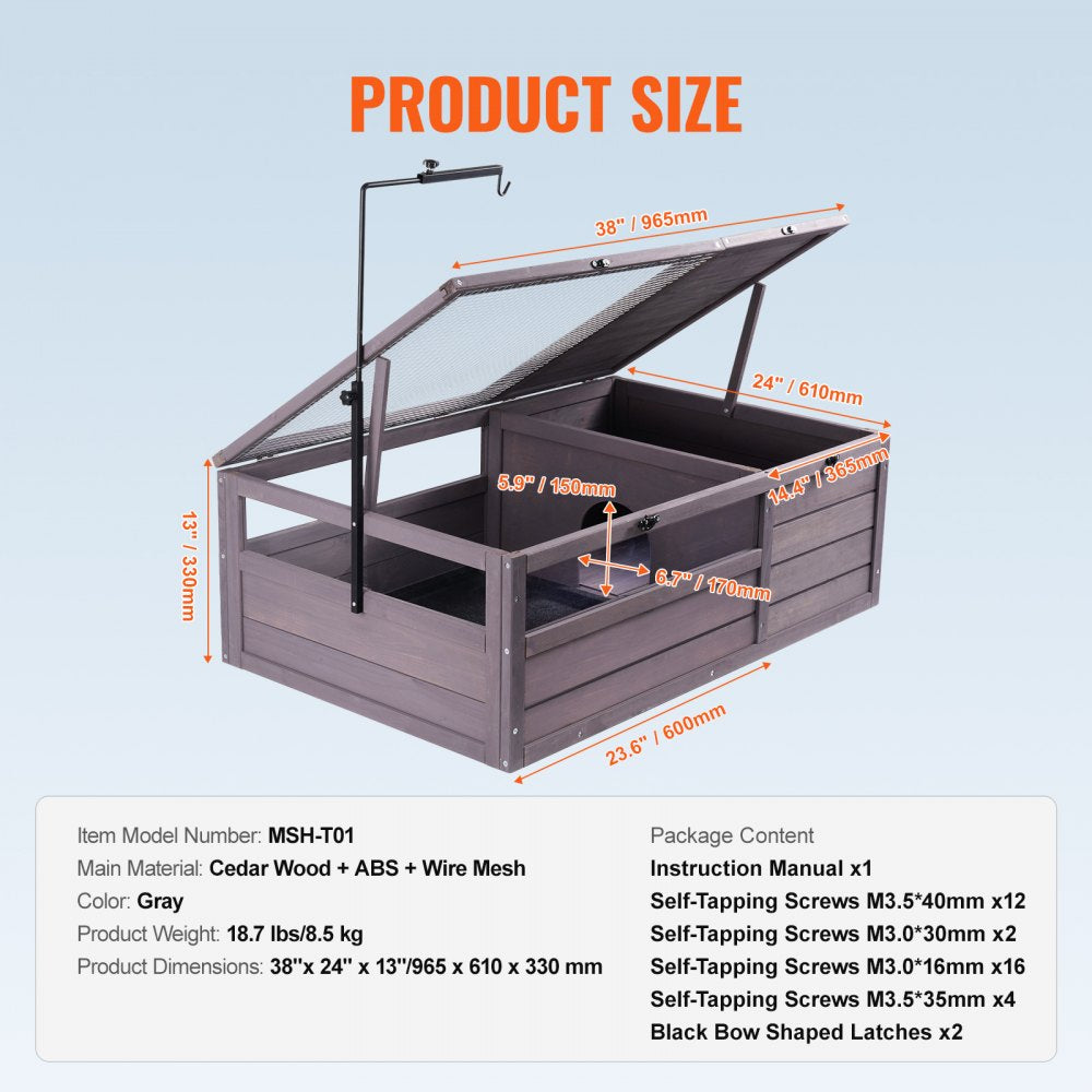 VEVOR Tortoise Habitat, Wooden Tortoise House Indoor & Outdoor, Tortoise Enclosure with Adjustable Lamp Holder, 2-Room Reptile Enclosure Small Animal Cage for Gecko, Lizard, Snake 38x24x13 inch