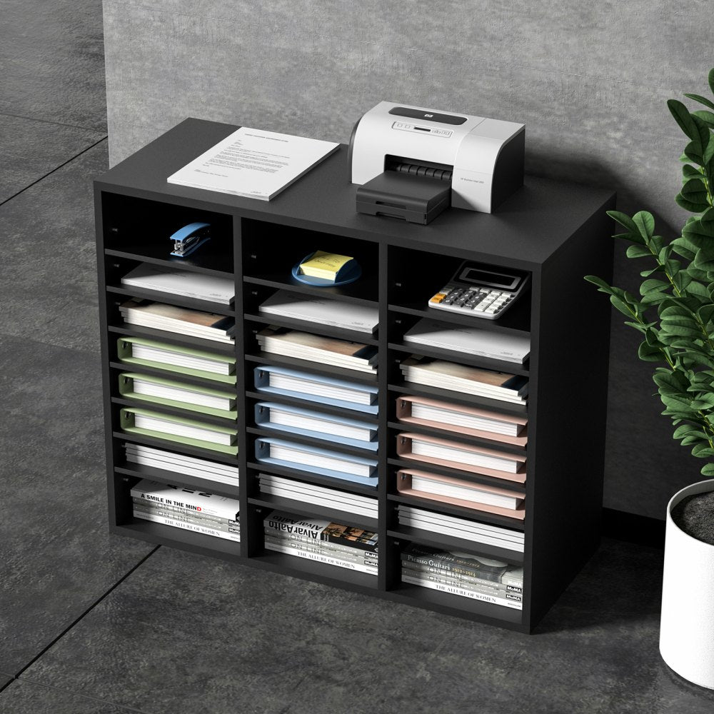 VEVOR Wood Literature Organizer, 24 Compartments, File Sorter with Removable Shelves, Mailboxes Slot for Office Home Classroom Mailrooms Organization, EPA Certified, Black