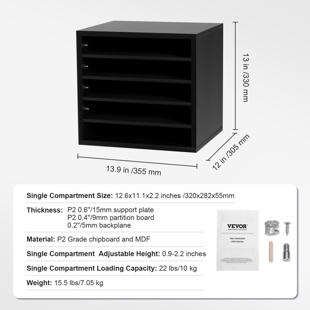 VEVOR Literature Organizers, 5 Compartments Office Mailbox with Adjustable Shelves, Wood Literature Sorter 13.9x12x13 inches for Office, Home, Classroom, Mailrooms Organization, EPA Certified, Black