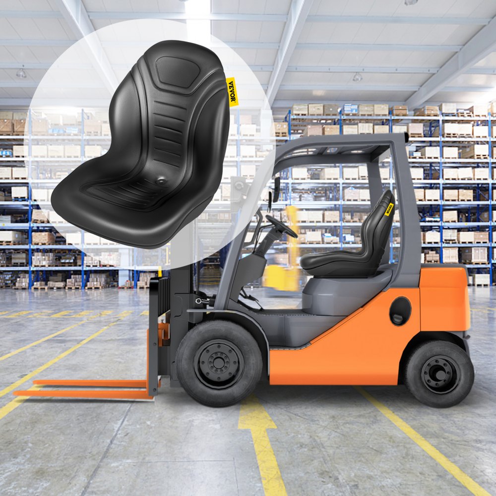 VEVOR Universal Lawn Tractor Seat Replacement, Compact High Back Mower Seat, Black Vinyl Forklift Seat, Central Drain Hole Skid Steer Seat with Mounting Bolt Patterns of 8\" x 11.5\" & 11.25\" x 11.5\