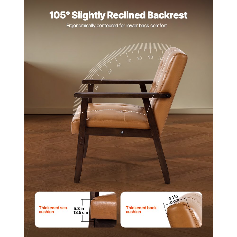 VEVOR Accent Chair, Mid Century Modern Armchair with Solid Wood Frame and Non-Slip Legs, Upholstered Leisure Chair with PU Leather and Soft Cushion, for Living Room, Bedroom, Office