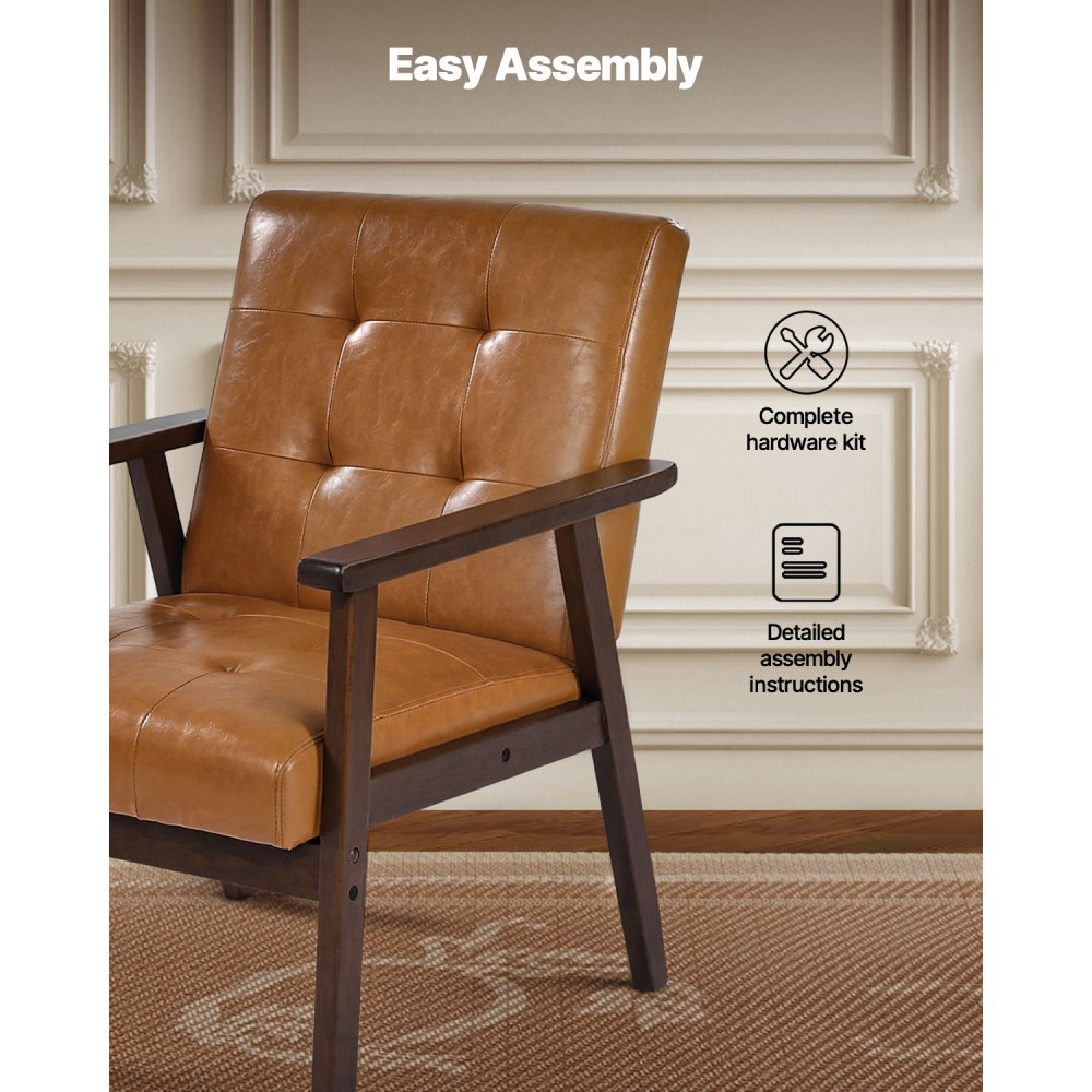 VEVOR Accent Chair, Mid Century Modern Armchair with Solid Wood Frame and Non-Slip Legs, Upholstered Leisure Chair with PU Leather and Soft Cushion, for Living Room, Bedroom, Office