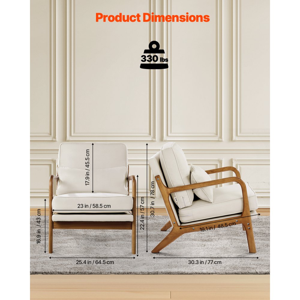 VEVOR Accent Chair, Mid Century Modern Armchair with Solid Wood Frame and Non-Slip Legs, Upholstered Leisure Chair with Linen Fabric and 5.7 in Thickened Cushion, for Living Room, Bedroom, Office