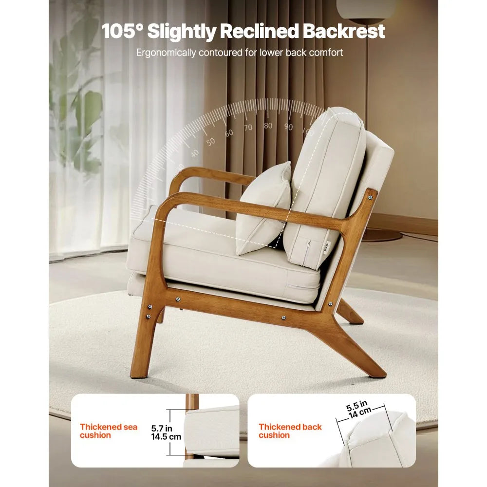 VEVOR Accent Chair, Mid Century Modern Armchair with Solid Wood Frame and Non-Slip Legs, Upholstered Leisure Chair with Linen Fabric and 5.7 in Thickened Cushion, for Living Room, Bedroom, Office