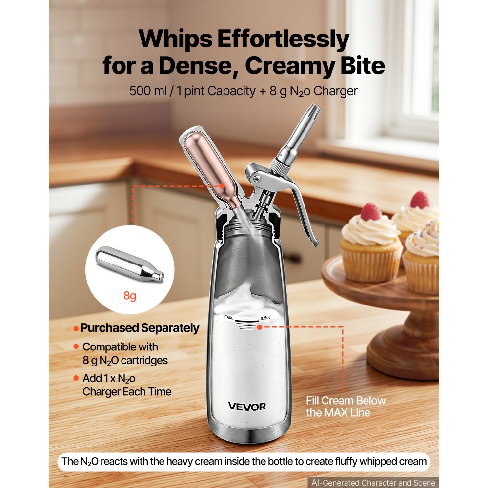 VEVOR Professional 304 Stainless Steel Whipped Cream Dispenser 500ml, Leak-Free Whipped Cream Maker, Whip Cream Canister with 3 Decorating Nozzles & Cleaning Brush, N₂O Chargers (Not Included)