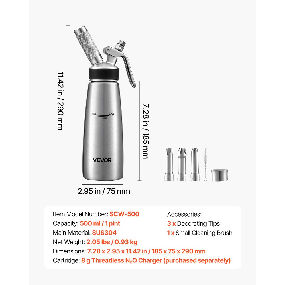 VEVOR Professional 304 Stainless Steel Whipped Cream Dispenser 500ml, Leak-Free Whipped Cream Maker, Whip Cream Canister with 3 Decorating Nozzles & Cleaning Brush, N₂O Chargers (Not Included)