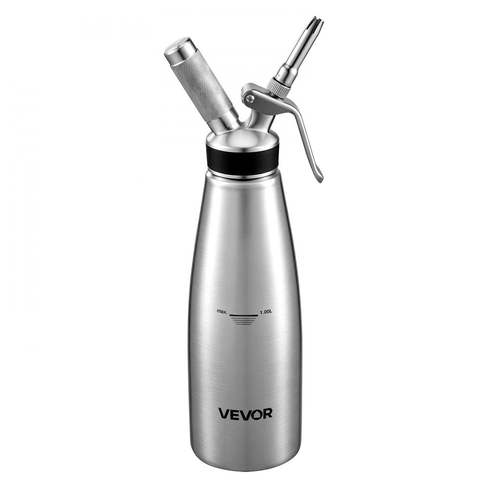 VEVOR Professional 304 Stainless Steel Whipped Cream Dispenser 1000ml, Leak-Free Whipped Cream Maker, Whip Cream Canister with 3 Decorating Nozzles & Cleaning Brush, N₂O Chargers (Not Included)