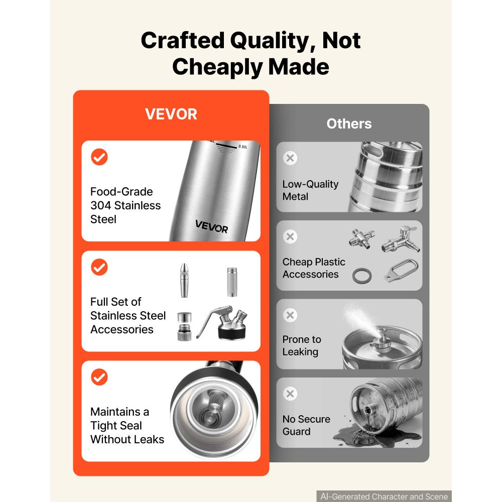 VEVOR Nitro Cold Brew Coffee Maker 17 oz Nitrogen Dispenser System, Home Brew Coffee Keg, Portable Nitrogen Infuser with Dispenser and Pressure Relieving Valve, Gift for Coffee Lovers