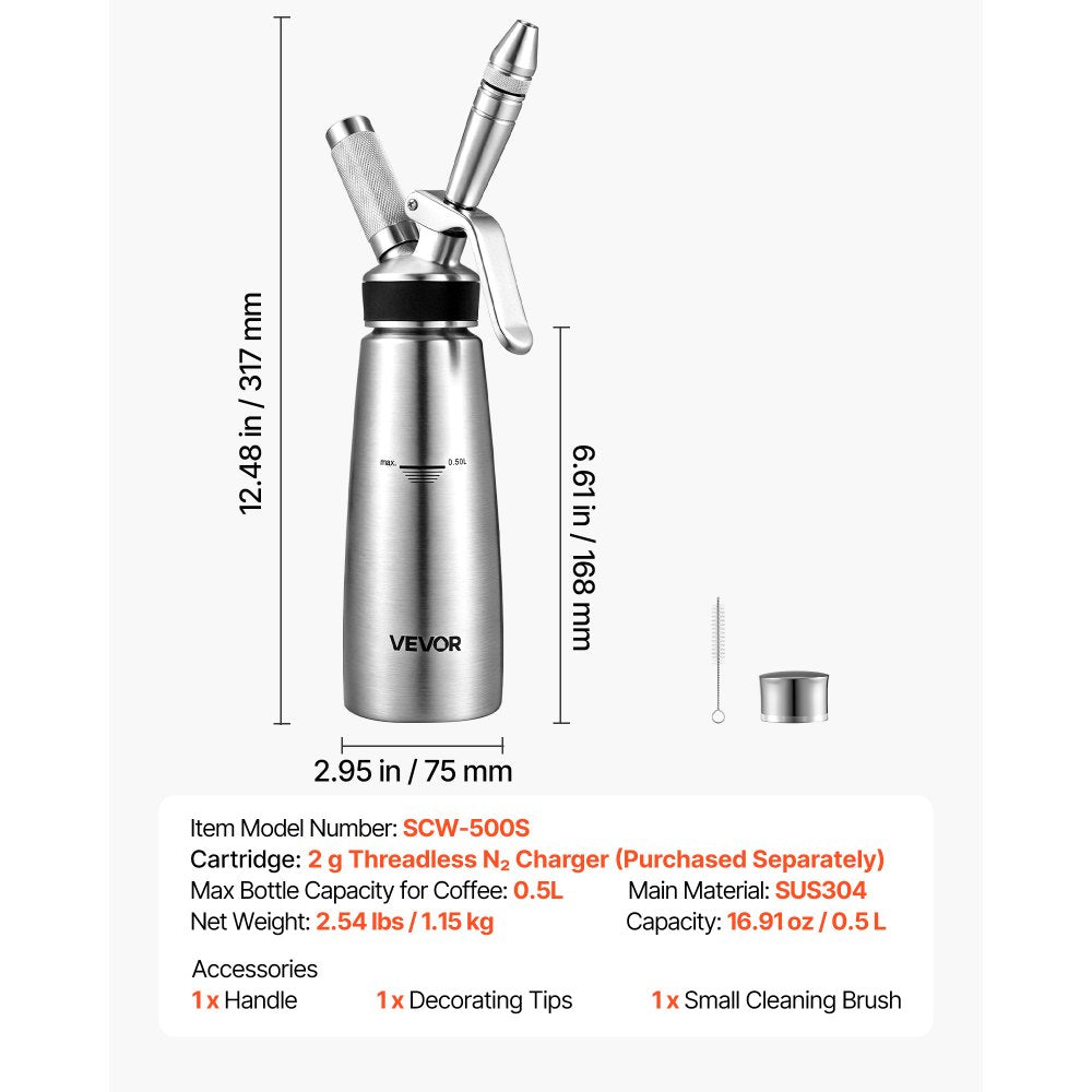 VEVOR Nitro Cold Brew Coffee Maker 17 oz Nitrogen Dispenser System, Home Brew Coffee Keg, Portable Nitrogen Infuser with Dispenser and Pressure Relieving Valve, Gift for Coffee Lovers