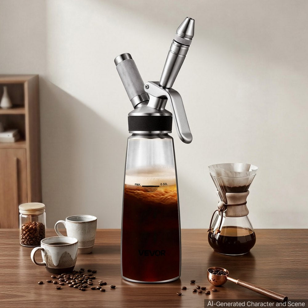 VEVOR Nitro Cold Brew Coffee Maker 17 oz Nitrogen Dispenser System, Home Brew Coffee Keg, Portable Nitrogen Infuser with Dispenser and Pressure Relieving Valve, Gift for Coffee Lovers