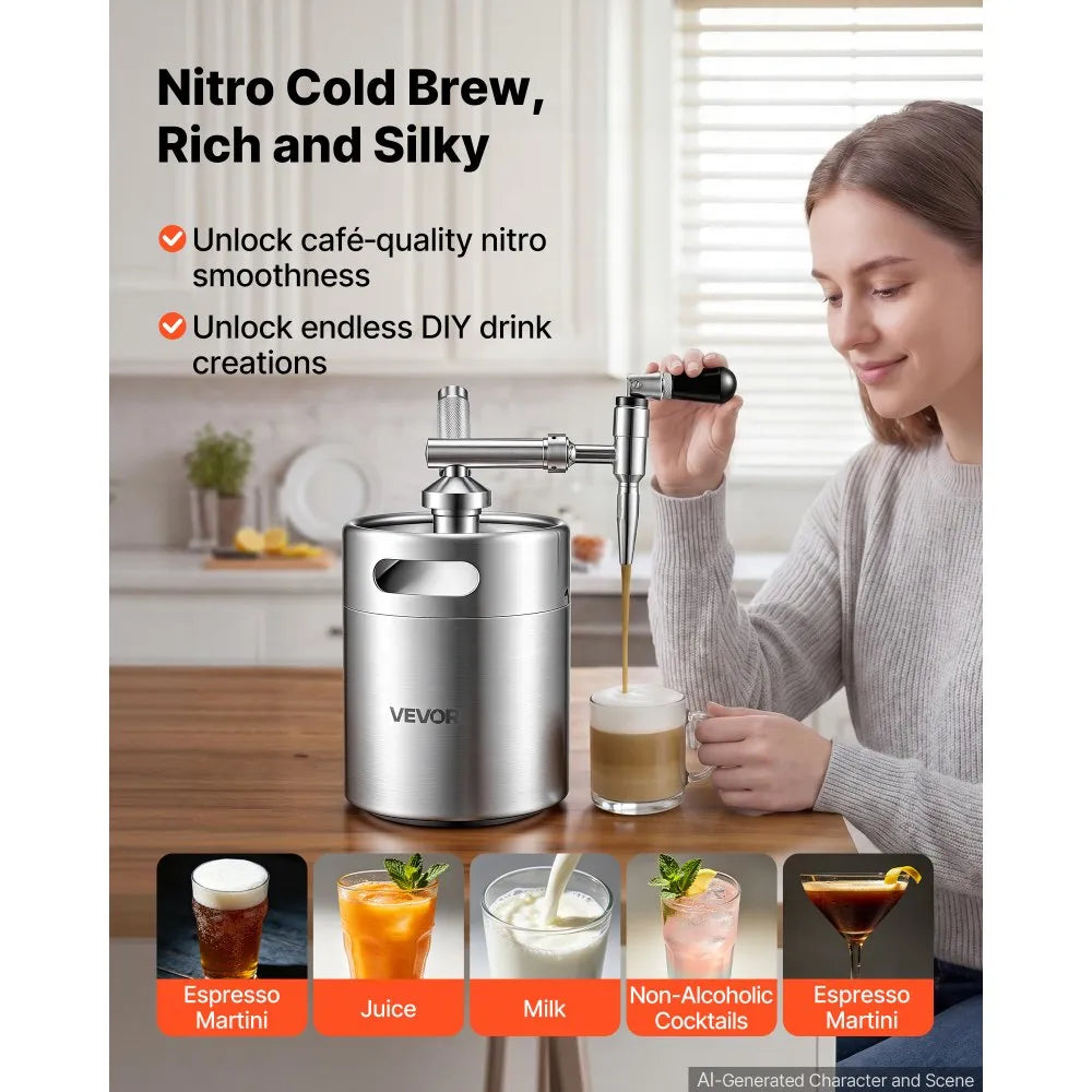 VEVOR Nitro Cold Brew Coffee Maker 135 oz Nitrogen Dispenser System, Home Brew Coffee Keg, Portable Nitrogen Infuser with Dispenser and Pressure Relieving Valve, Gift for Coffee Lovers