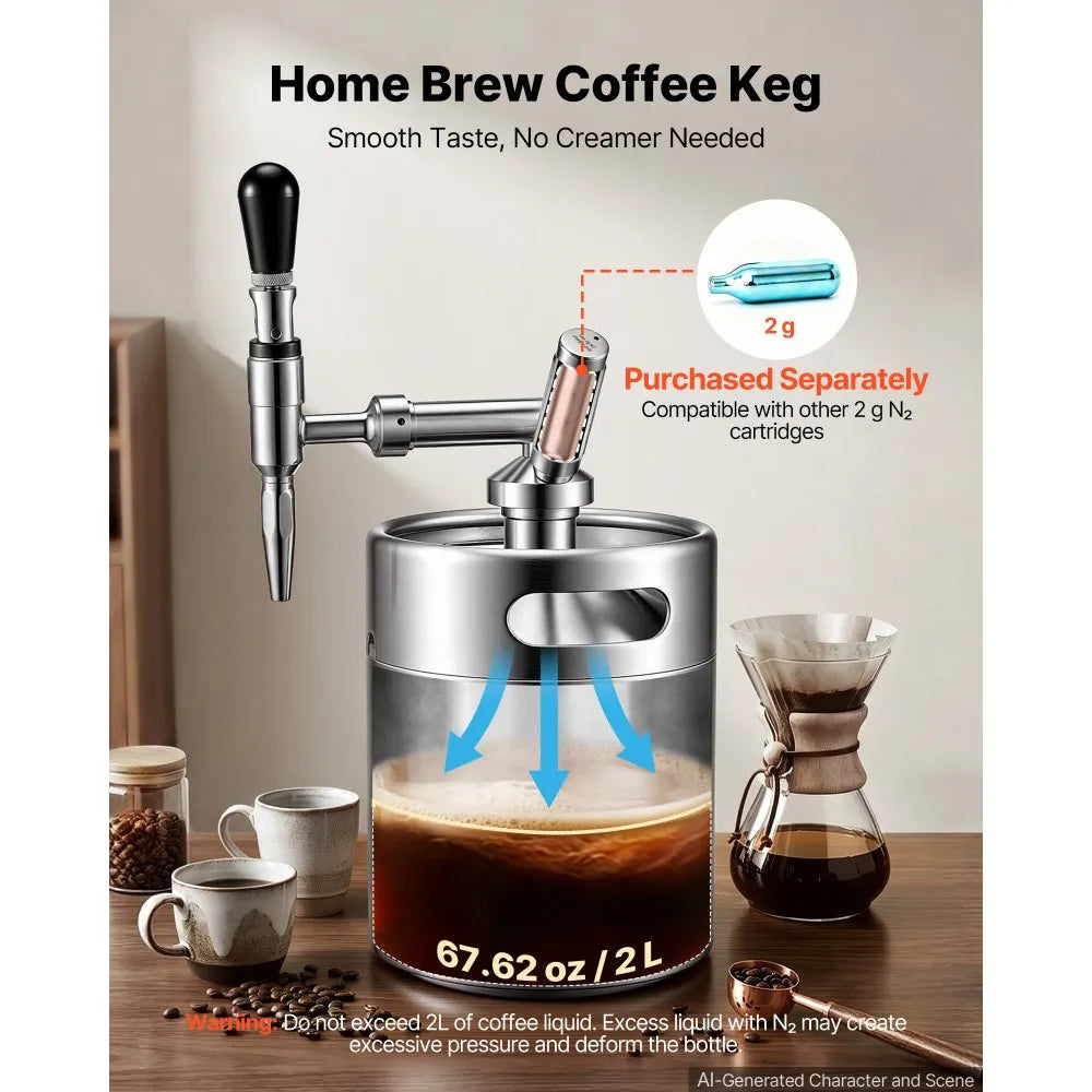 VEVOR Nitro Cold Brew Coffee Maker 135 oz Nitrogen Dispenser System, Home Brew Coffee Keg, Portable Nitrogen Infuser with Dispenser and Pressure Relieving Valve, Gift for Coffee Lovers