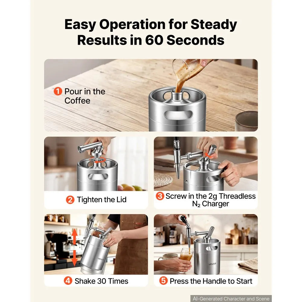 VEVOR Nitro Cold Brew Coffee Maker 135 oz Nitrogen Dispenser System, Home Brew Coffee Keg, Portable Nitrogen Infuser with Dispenser and Pressure Relieving Valve, Gift for Coffee Lovers