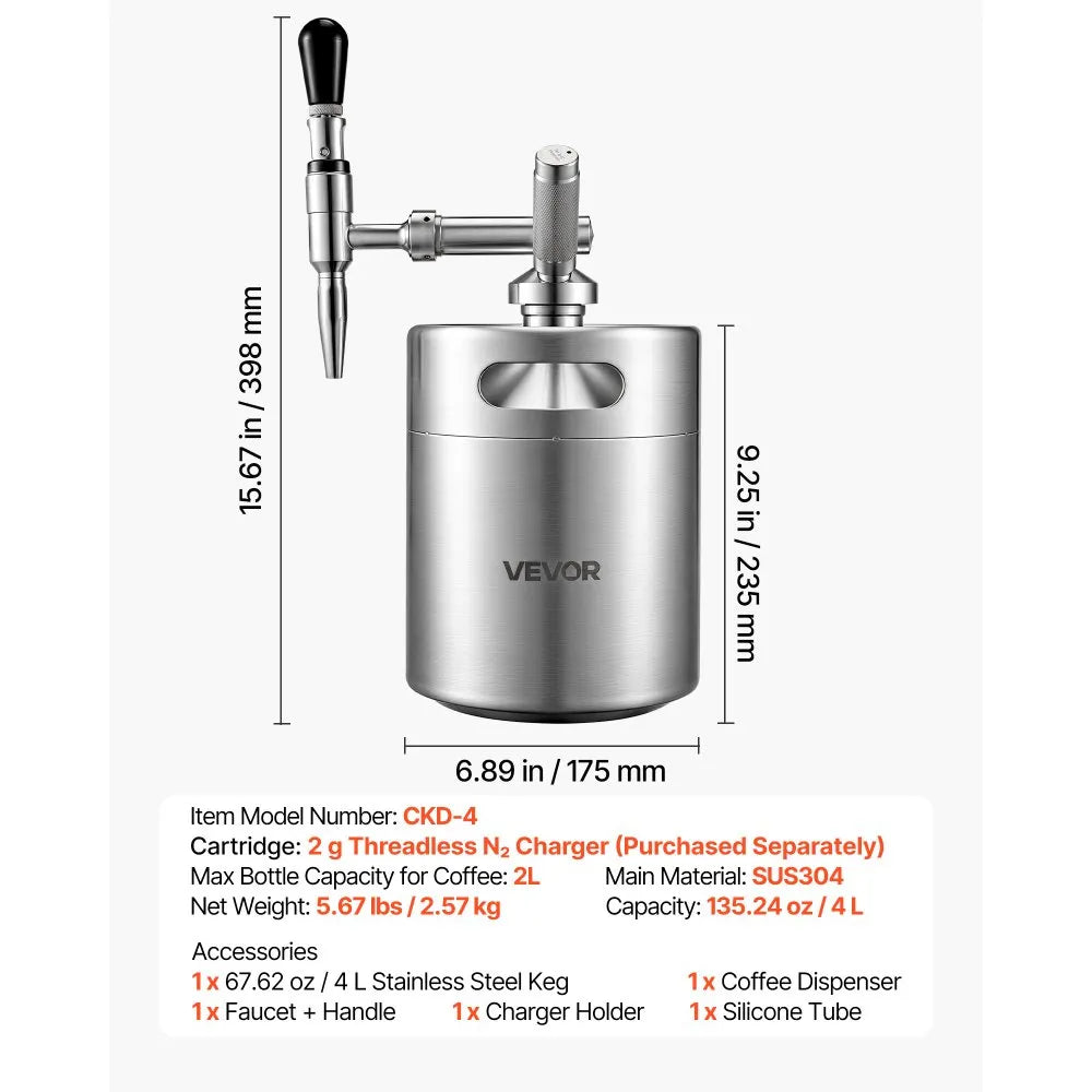 VEVOR Nitro Cold Brew Coffee Maker 135 oz Nitrogen Dispenser System, Home Brew Coffee Keg, Portable Nitrogen Infuser with Dispenser and Pressure Relieving Valve, Gift for Coffee Lovers