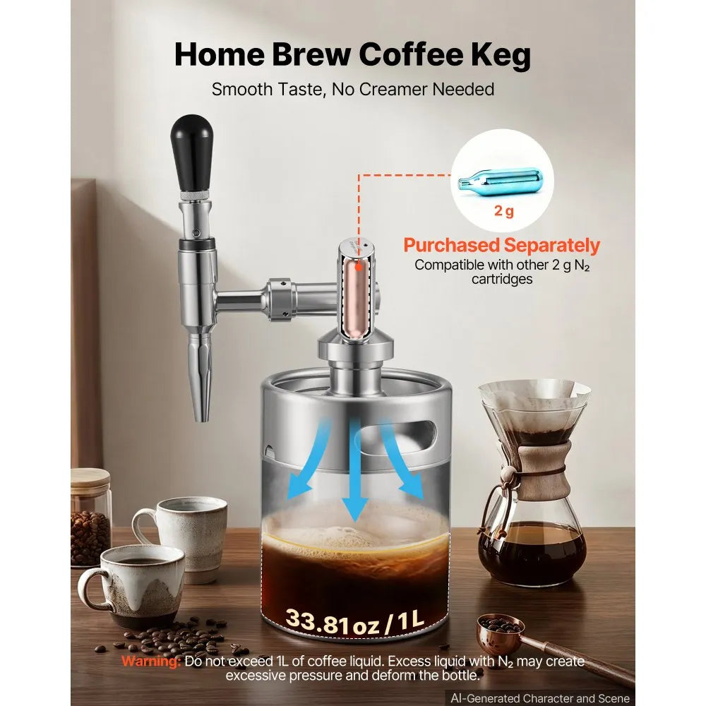 VEVOR Nitro Cold Brew Coffee Maker 68 oz Nitrogen Dispenser System, Home Brew Coffee Keg, Portable Nitrogen Infuser with Dispenser and Pressure Relieving Valve, Gift for Coffee Lovers