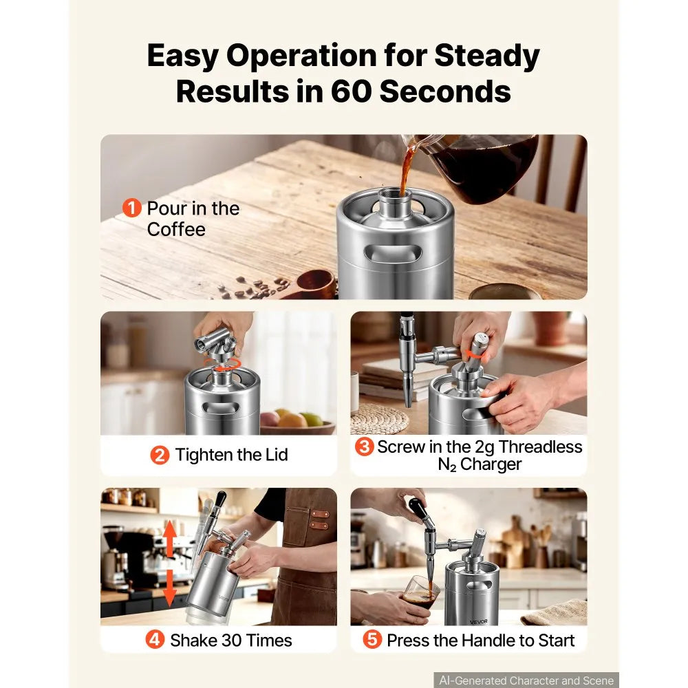 VEVOR Nitro Cold Brew Coffee Maker 68 oz Nitrogen Dispenser System, Home Brew Coffee Keg, Portable Nitrogen Infuser with Dispenser and Pressure Relieving Valve, Gift for Coffee Lovers