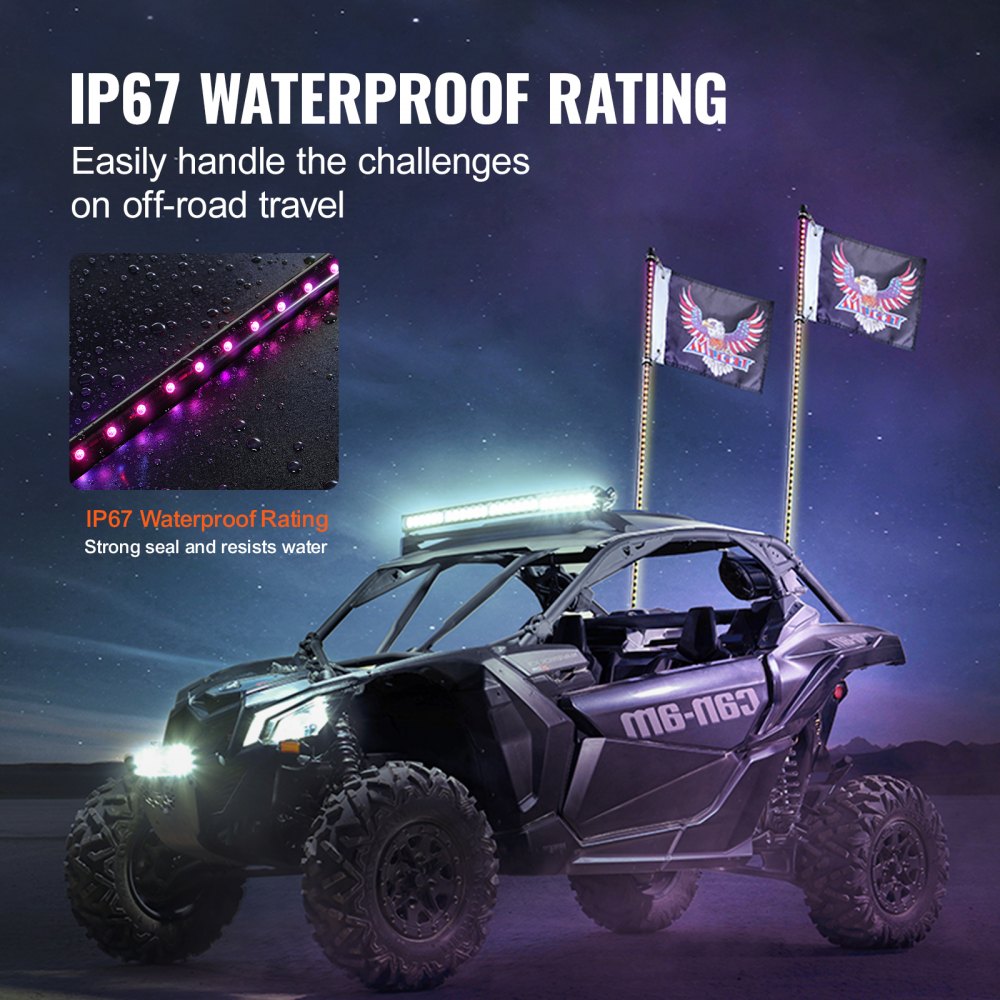 VEVOR 2 PCS 4 FT Whip Light, APP & RF Remote Control Led Whip Light, Waterproof RGB Chasing Lighted Whips with 4 Flags, for UTVs, ATVs, Motorcycles, RZR, Can-am, Trucks, Off-road, Go-karts