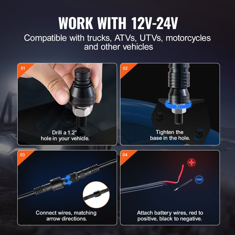 VEVOR 2 PCS 4 FT Whip Light, APP & RF Remote Control Led Whip Light, Waterproof RGB Chasing Lighted Whips with 4 Flags, for UTVs, ATVs, Motorcycles, RZR, Can-am, Trucks, Off-road, Go-karts
