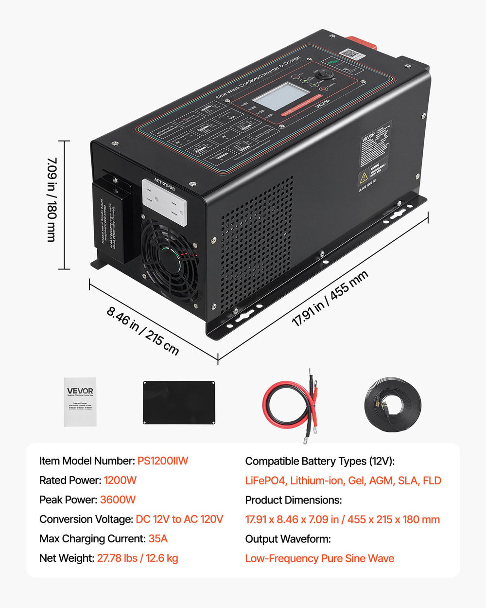 Product dimensions and key specifications infographic for VEVOR PS1200IIW inverter charger