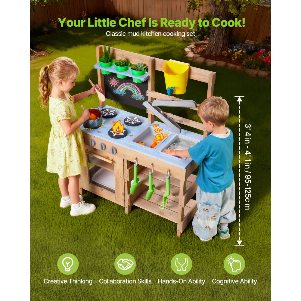 VEVOR Mud Kitchen, Outdoor Mud Kitchen for Kids, Wood Outdoor Play Kitchens with Stoves, Hooks, Sinks, Planting Shovels, Spatulas, Handle, Cookware Pots and Accessories, Play with Water and Sand