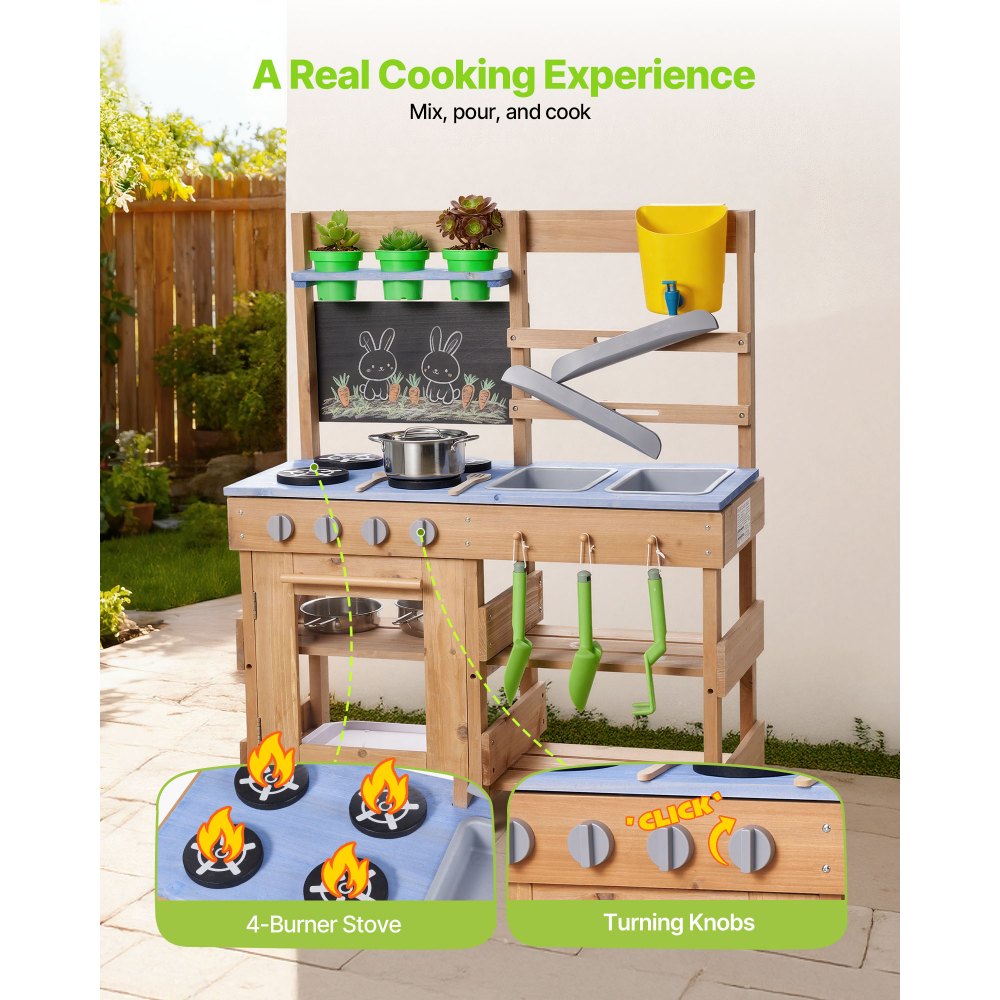 VEVOR Mud Kitchen, Outdoor Mud Kitchen for Kids, Wood Outdoor Play Kitchens with Stoves, Hooks, Sinks, Planting Shovels, Spatulas, Handle, Cookware Pots and Accessories, Play with Water and Sand