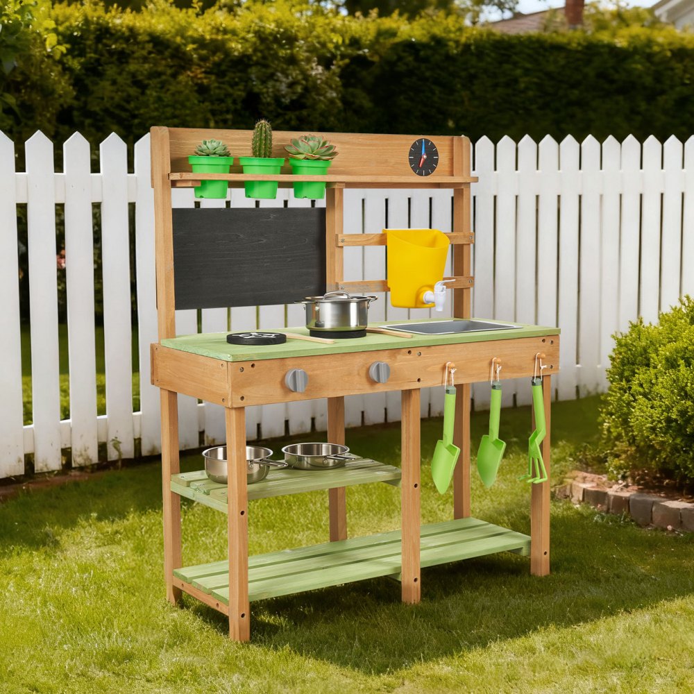 VEVOR Mud Kitchen, Outdoor Mud Kitchen for Kids, Wood Outdoor Play Kitchens with Stoves, Tank, Sink, Planting Shovels, Spatulas, Box, Cookware Pots and Accessories, Wooden Play Kitchens for Home, Lawn