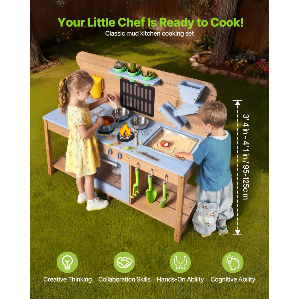 VEVOR Mud Kitchen, Outdoor Mud Kitchen for Kids, Wood Outdoor Play Kitchens with Stoves, Hooks, Double Sinks, Planting Shovels, Spatulas, Cookware Pots and Accessories, Play with Water and Sand